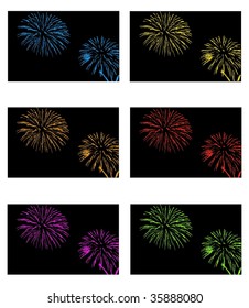 set of multi-colored fireworks with black background