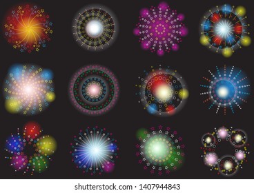 Set of multicolored fireworks of different shapes ,isolated on black background