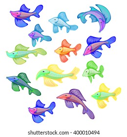 Set of multicolored fish in cartoon style