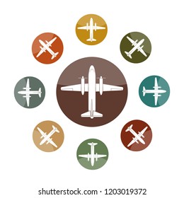 Set of multicolored flat airplane icons for websites and applications.