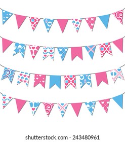 Set of multicolored flat buntings garlands with ornament isolated on white background