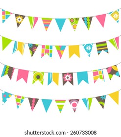 Set Reihe mehrfarbiger flachfarbiger Garnelenflags mit Ornament einzeln auf weißem Hintergrund