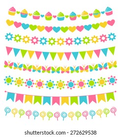 Set of multicolored flat buntings garlands flags isolated on white background