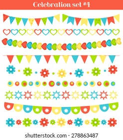 Set of multicolored flat buntings garlands flags with ornament isolated on white background