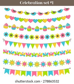 Set of multicolored flat buntings garlands flags isolated on white background