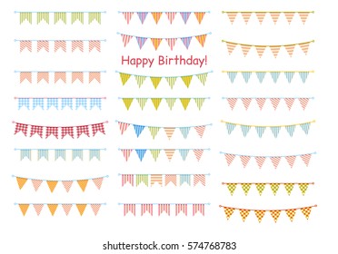 Set of multicolored flat buntings garlands with ornament isolated on white background. Design elements for decoration of greetings cards, invitations.