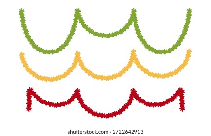 Conjunto de guirnaldas de oropel de Navidades planas multicolores contorneadas. Rojo, amarillo, verde. Una colección de decoraciones festivas para tarjetas de felicitación, proyectos de bricolaje, invitaciones de fiesta o Diseño gráfico de temporada.