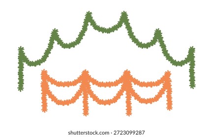 Satz von mehrfarbigen flachen konturierten Weihnachtszwiebelgirlanden. Orange, grün, mehrstufig. Kollektion von festlichen Dekorationen für Grußkarten, DIY-Projekte, Partyeinladungen, saisonale grafische Gestaltung
