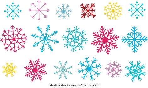 Conjunto de copos de nieve de diseño plano multicolor Elementos de vacaciones de invierno aislados sobre fondo blanco Símbolos de decoración de Navidad Año Nuevo
