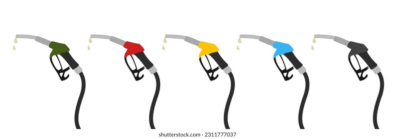 Juego de pistolas de combustible planas multicolor con una gota. Para conceptos de reabastecimiento de coches, publicidad de estaciones de gasolina.