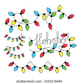 Set of multicolored flat led Christmas lights garland isolated on white background. Ho-Ho-Ho Christmas vector greeting lettering