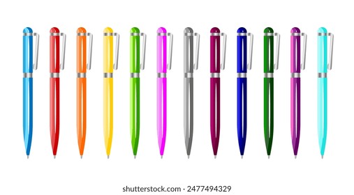 Set  Multicolored Flat Pens Isolated on White Background. Collection Vector Illustration Colored Pens. Office Elements for Back to School Design. Writing Tool, Banner, Poster.