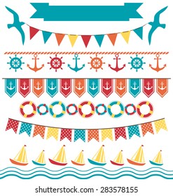Set of multicolored flat sea buntings garlands flags isolated on white background
