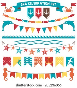 Set of multicolored flat sea buntings garlands flags isolated on white background