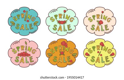 Set multicolored floral frame with text spring sale, flowers and leaves.Vector illustration.