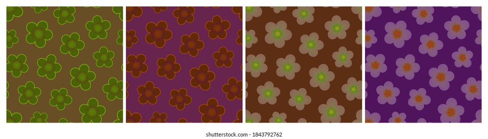 Set of multicolored floral seamless patterns. Repeat abstract botanical patterns. Vector illustration.