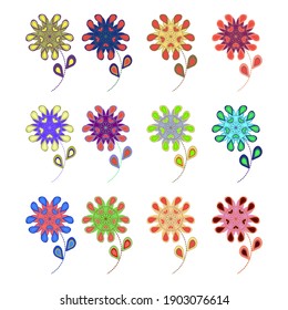Set of multi-colored flower buds of. Children's application. Colorful geometric flowers, abstract.