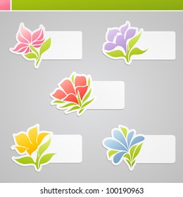 Set of multicolored flowers with tags for message. Vector illustration.