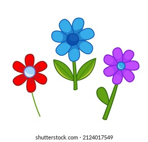 Flores multicolores. Ilustración vectorial al estilo infantil de dibujos animados. Clásico gracioso aislado sobre fondo blanco. Bonita impresión floral