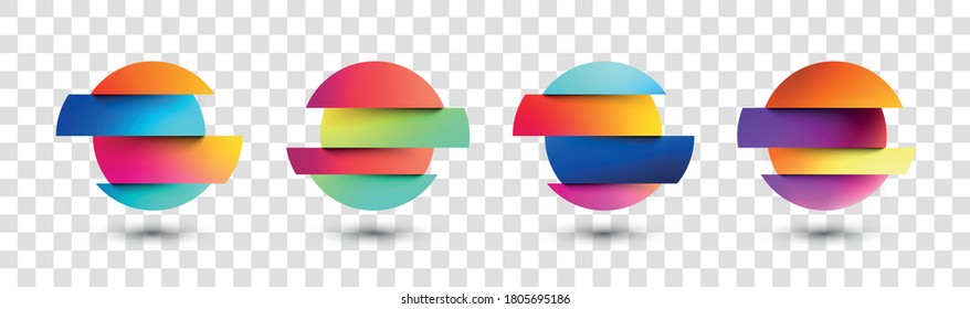 Conjunto de círculos multicolores de gradiente de fluido sobre fondo transparente. Botones redondeados de neón holográfico con sombra. Colores de moda. Ilustración vectorial.