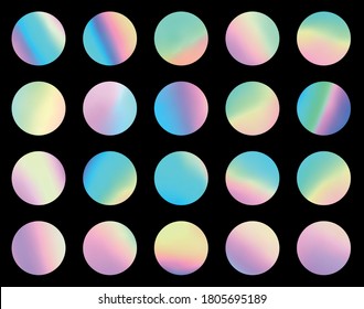 Ensemble de cercles multicolores en dégradé de fluide sur fond noir. Boutons ronds de sphère holographique néon. Couleurs pastel tendance. Illustration vectorielle.