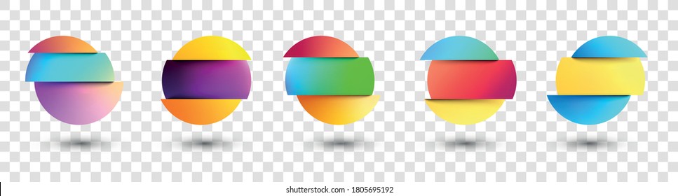 Set of multicolored fluid gradient circles on transparent background. Round neon holographic glitch sphere buttons with shadow. Trendy colors. Vector illustration.