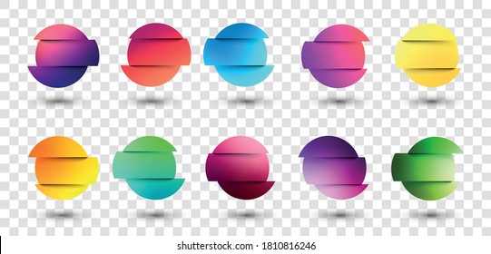 Set of multicolored fluid gradient circles on transparent background. Round neon holographic glitch sphere buttons with shadow. Trendy colors. Vector illustration.