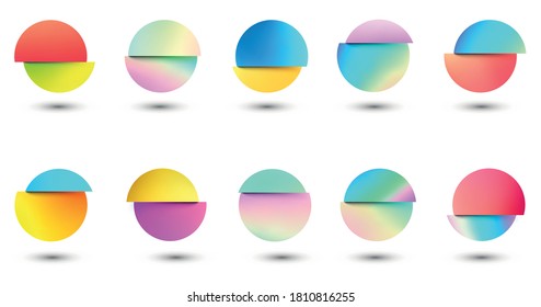 Set of multicolored fluid gradient circles on white background. Round neon holographic glitch sphere buttons with shadow. Trendy pastel colors. Vector illustration.