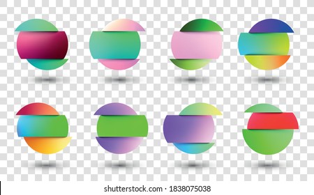 Set of multicolored fluid gradient circles on transparent background. Round neon holographic glitch sphere buttons with shadow. Trendy colors. Vector illustration.