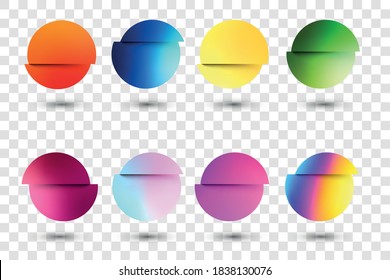 Set of multicolored fluid gradient circles on transparent background. Round neon holographic glitch sphere buttons with shadow. Trendy colors. Vector illustration.