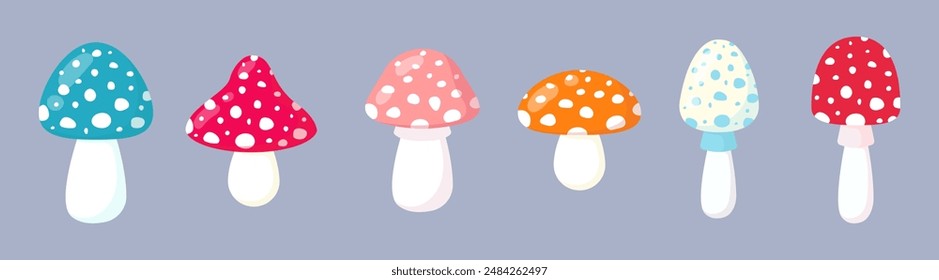 Set of multi-colored fly agarics. Vector illustration in flat style