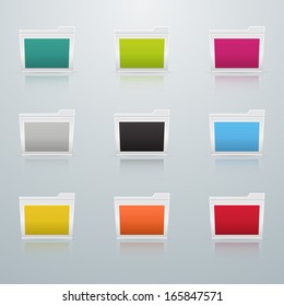 set of multicolored folders with a white border on a light background with reflection