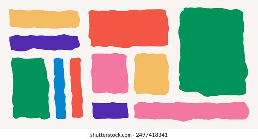 Conjunto de marcos multicolores de diferentes Formas y tamaños hechos de papel rasgado, rectángulos con bordes dentados aislados sobre fondo blanco. Papel viejo rasgado, siluetas.