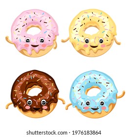 Set of multi-colored funny donuts with eyes in sugar glaze and chocolate with a multi-colored coating. Vector illustration isolated on white background.