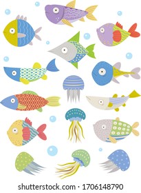 Set of multi-colored funny fishes