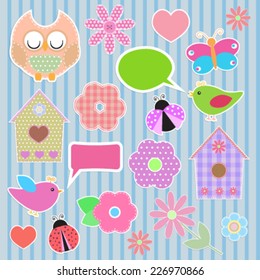 Set of multicolored garden decorations on striped background 