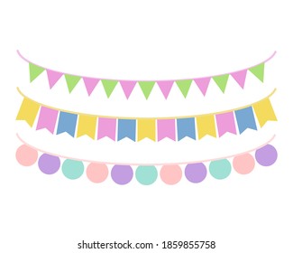 Set of multi-colored garlands. Carnival garlands in the form of flags. Festive ribbon with space for text. Festive background, bright design vector illustration.