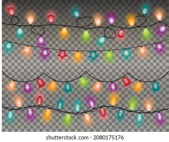 Set von mehrfarbigen Garnelen von Glühbirnen auf dem Weihnachtsbaum. Glühbirnen in Form von Sternen, Glocken. Vektorgrafik.