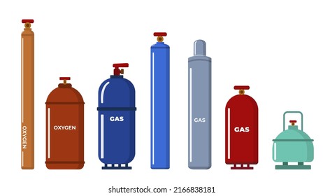 Set of multicolored gas cylinders in cartoon style. Vector illustration of cylinders gas, air, fuel, propane and butane.