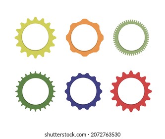 A set of multi-colored gears with a white round center for an inscription or image. Vector illustration, flat minimal cartoon design isolated on white background, eps 10.