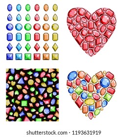 A set of multi-colored gems. Contains precious stones of different shapes, a seamless pattern and hearts of diamonds. Vector illustration.
