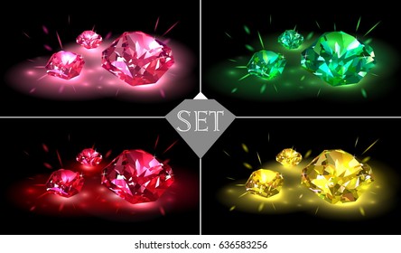 Set of multicolored gemstones on a black background. Vector illustration.