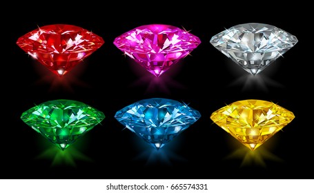 Set of multicolored gemstones on a black background. Vector illustration.