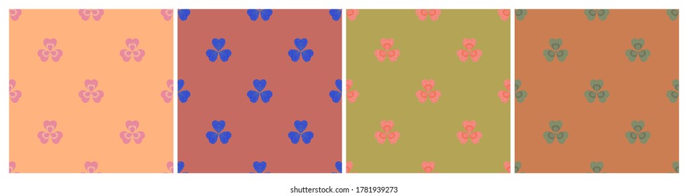 Set of multicolored geometric seamless patterns with clover leaves. Repeat symmetrical botanical patterns. Vector illustration.
