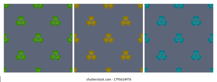 Set of multicolored geometric seamless patterns with clover leaves. Repeat symmetrical botanical patterns. Vector illustration.