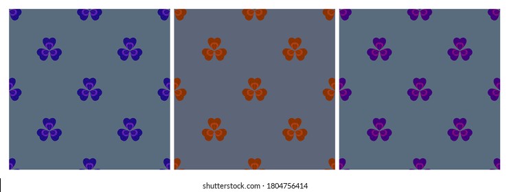 Set of multicolored geometric seamless patterns with clover leaves. Repeat symmetrical botanical patterns. Vector illustration.