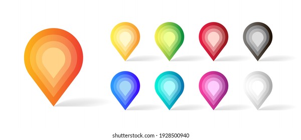 Set of multicolored geotags icons, bright graphic elements for points on the map, isolated