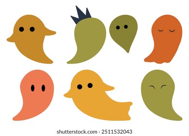 Conjunto de ilustrações fantasmas multicoloridas isoladas sobre fundo branco, rei gost, ilustração de desenho animado