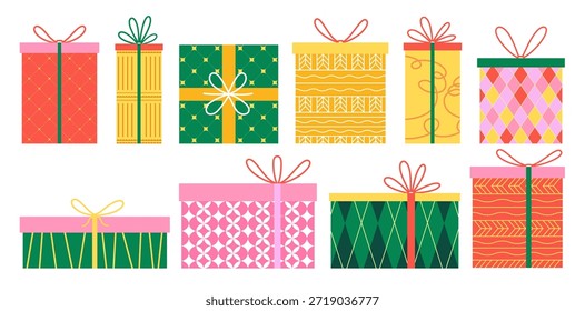 Set of multicolored gift boxes with bows. Gift boxes in red, yellow, green, and pink with geometric patterns.