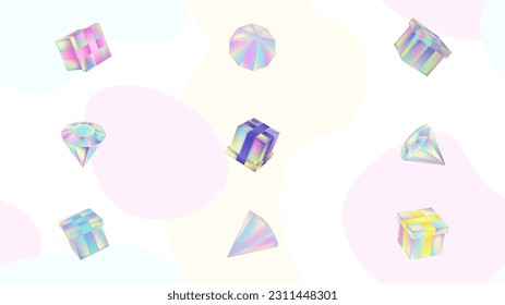 Set of multi-colored gift boxes and brilliants different angles and perspectives. Holografic design. Decor elements for holidays and weekends, promotions in online stores on a transparent background.